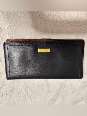 Lauren Ralph Lauren Black Cognac Card Wallet with Gold Logo Faux Leather Preppy